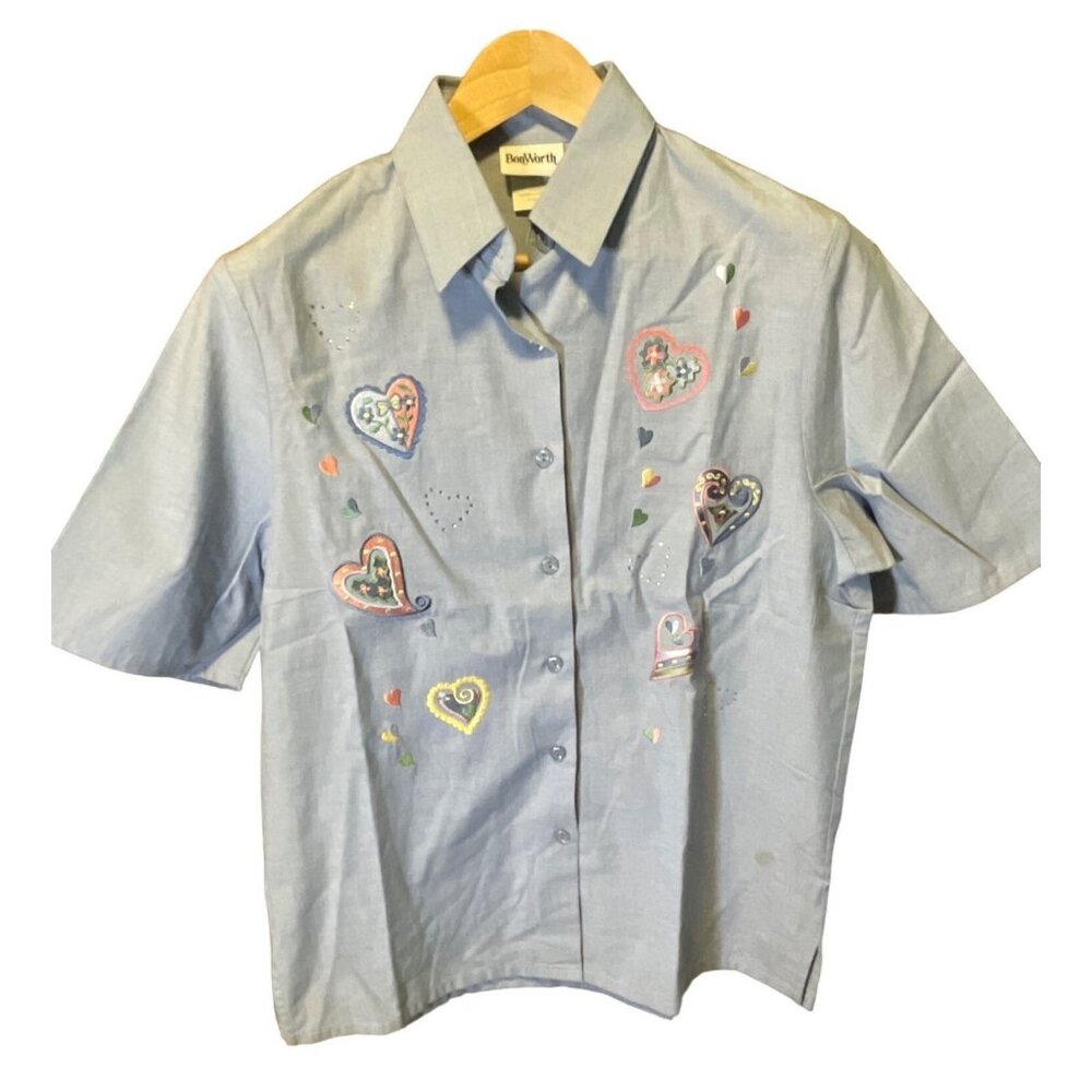 BonWorth Blue Short Sleeve Heart Embroidered Button Up Blouse Top SZ Small